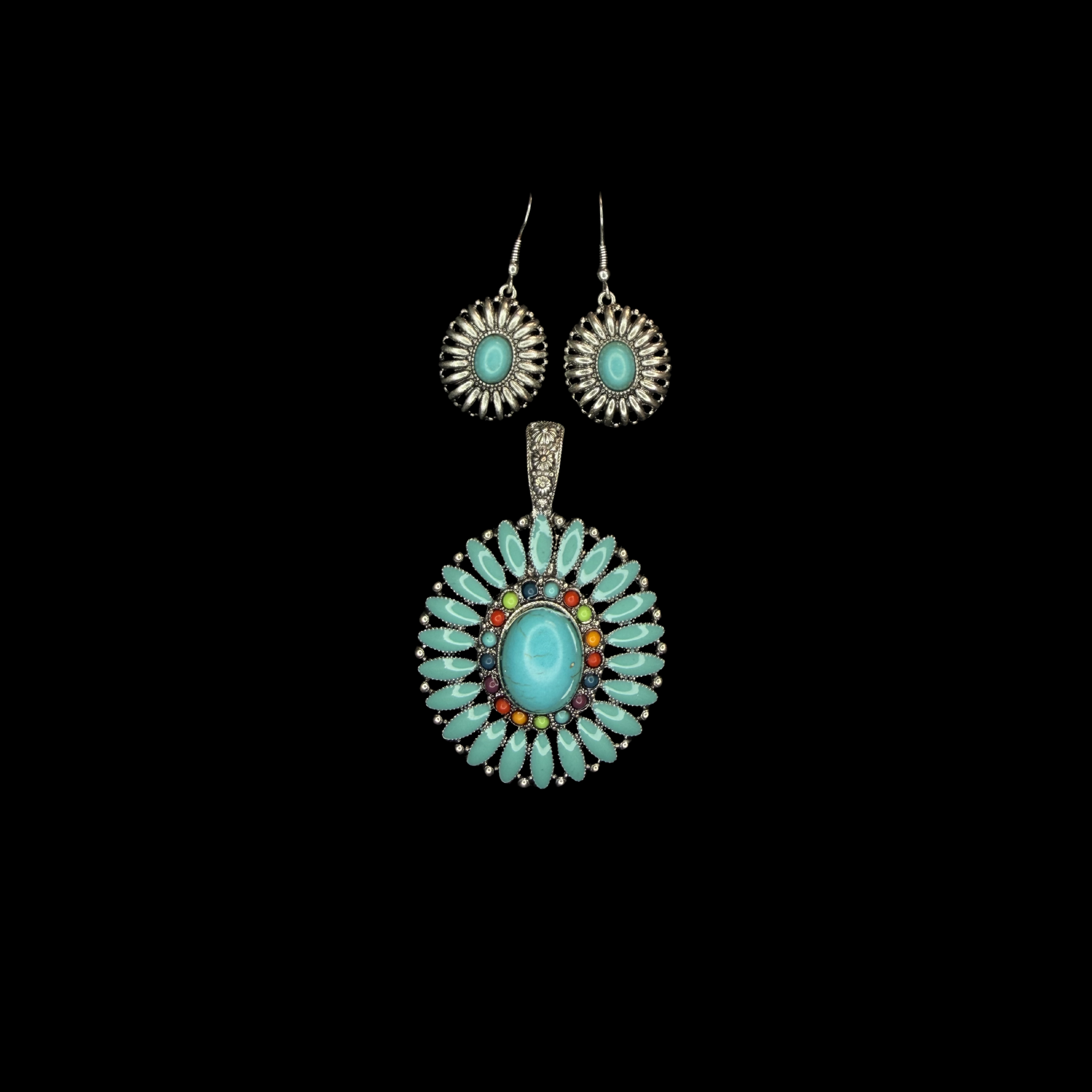 Turquoise Sunburst Pendant Necklace & Earring Set