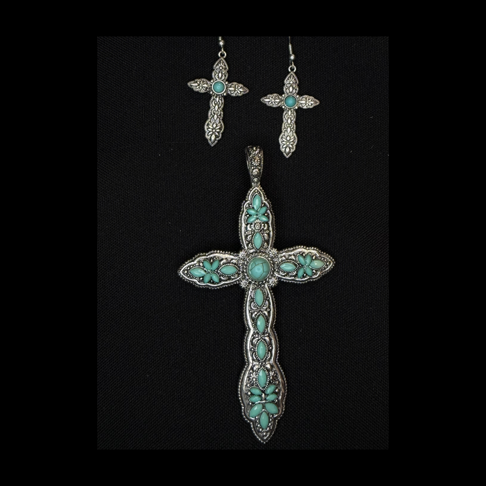 Turquoise Floral Cross Pendant & Earring Set