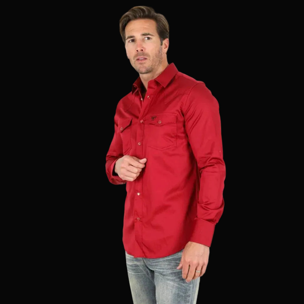 Mens Satin Cotton/Spandex Solid Color Western Shirt with Horns Logo-Red