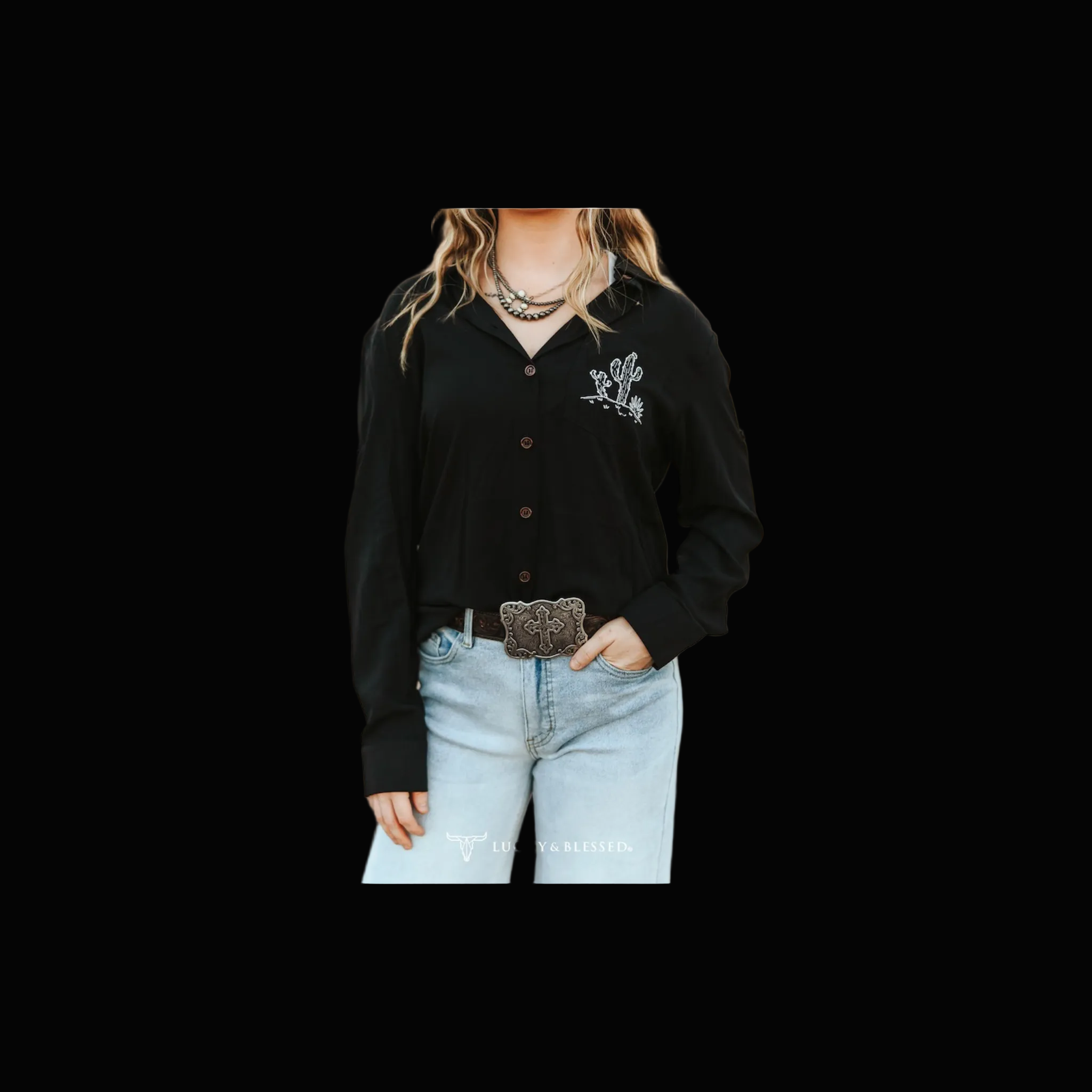 Black Pearl Snap Button Down Western Cowboy Contrast Embroidered Shirt Plus Size