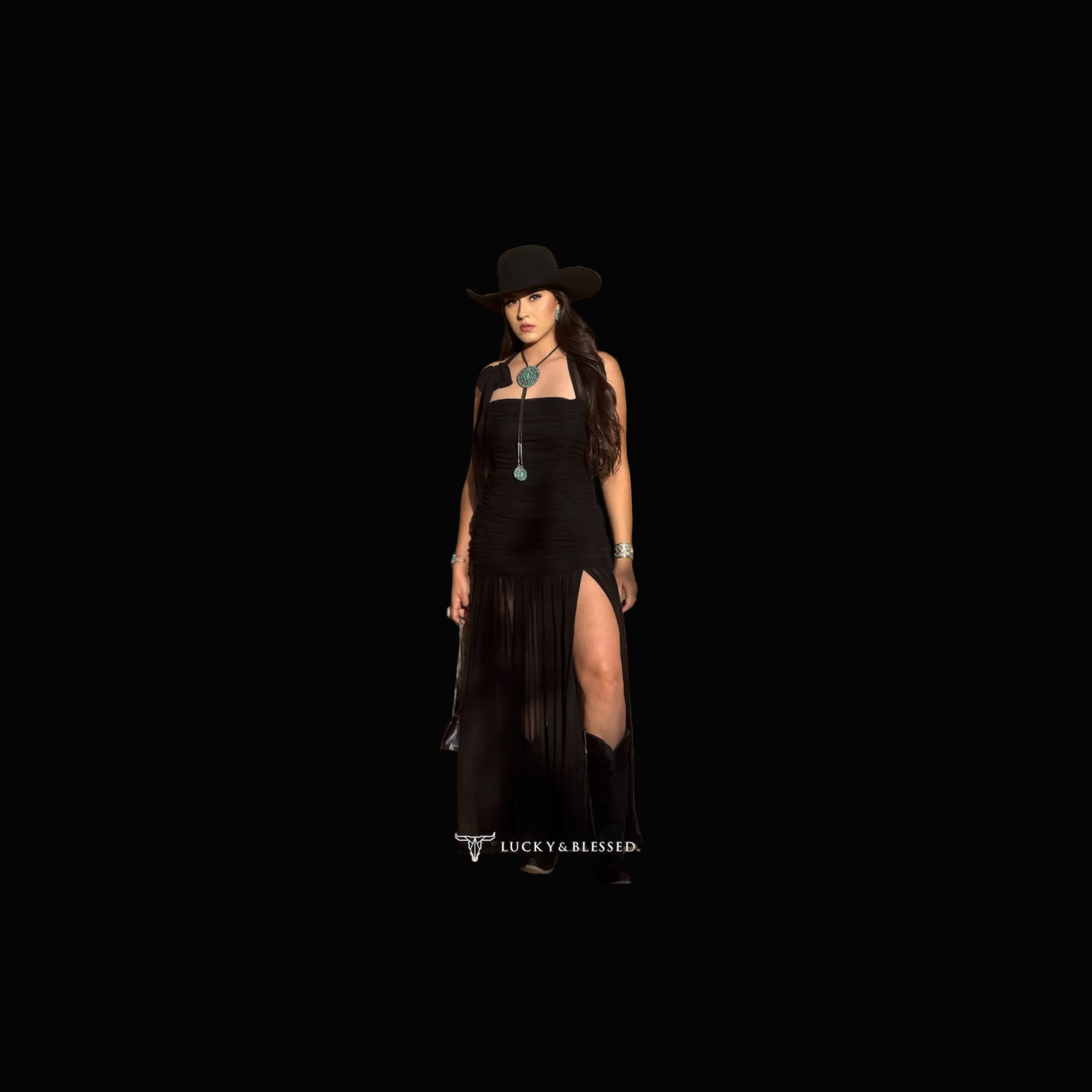 Black Ruched Halter Slit Hem Gathered Dress W Mesh Lined