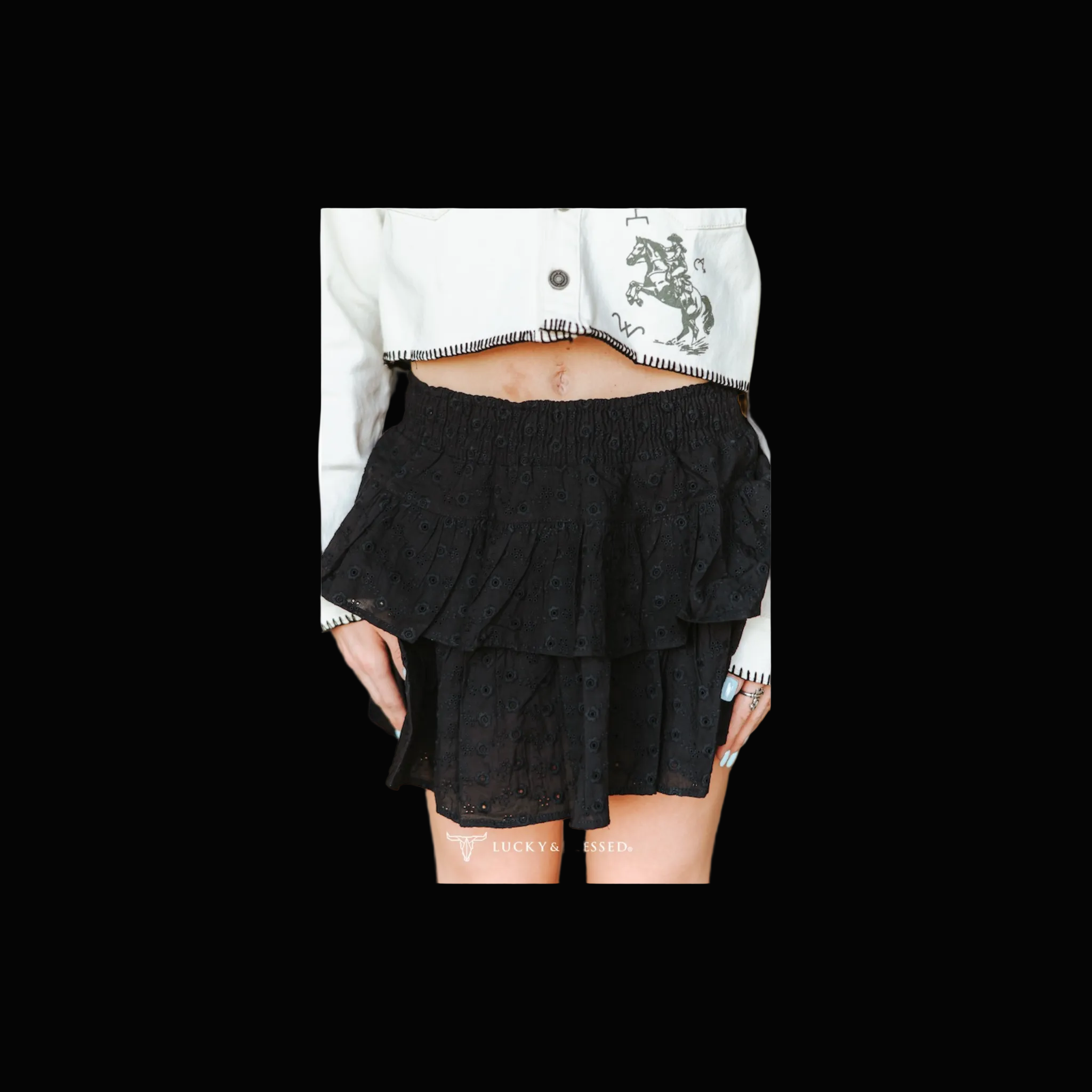 Black Ruffle Eyelet Stretch Waist Band Skirt W Shorts Lining