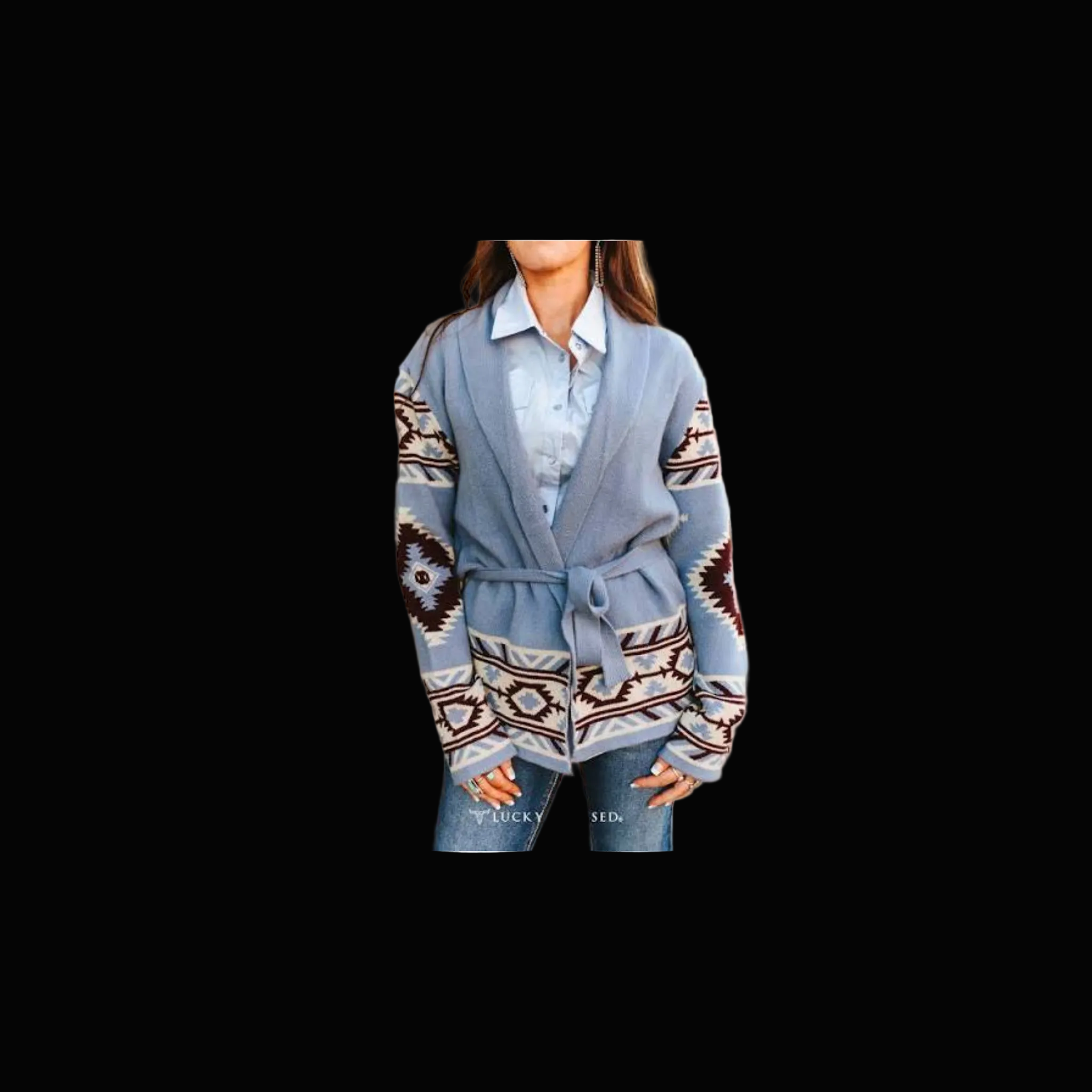 Blue Grey Aztec Knit Sweater Cardigan W Side Pockets