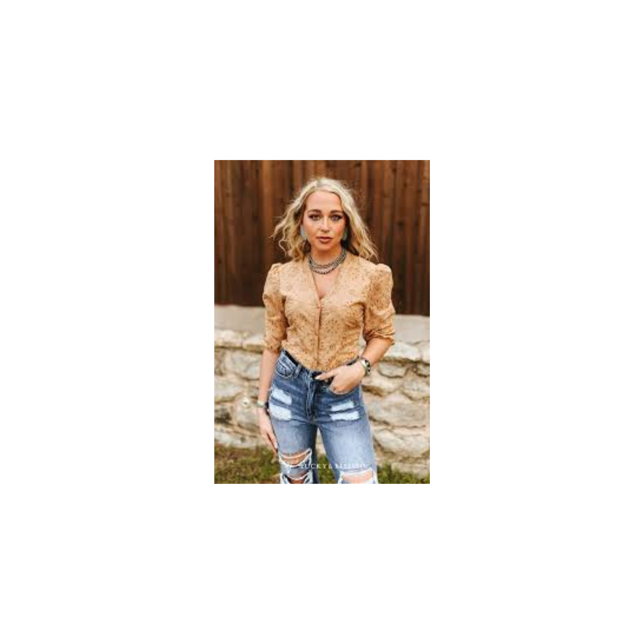 Camel Stretch Pearl Snap Elastic Cuff V Neck Eyelet Floral Top