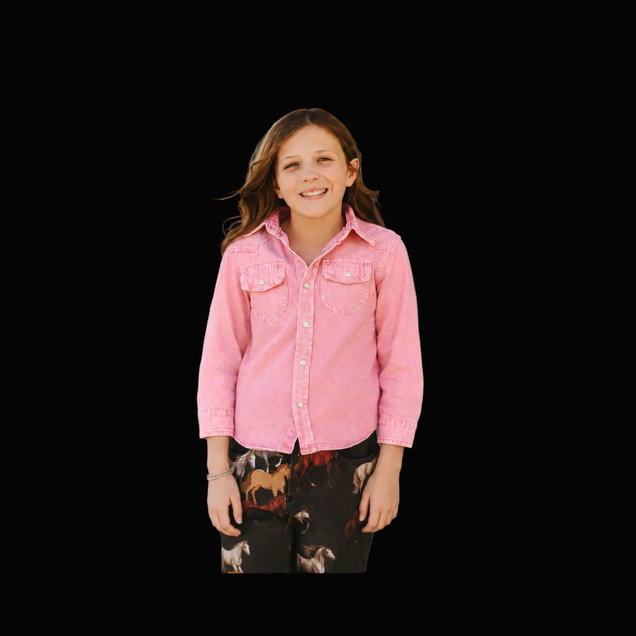Girls Pink Denim Pearl Snap Long Sleeve Shirt