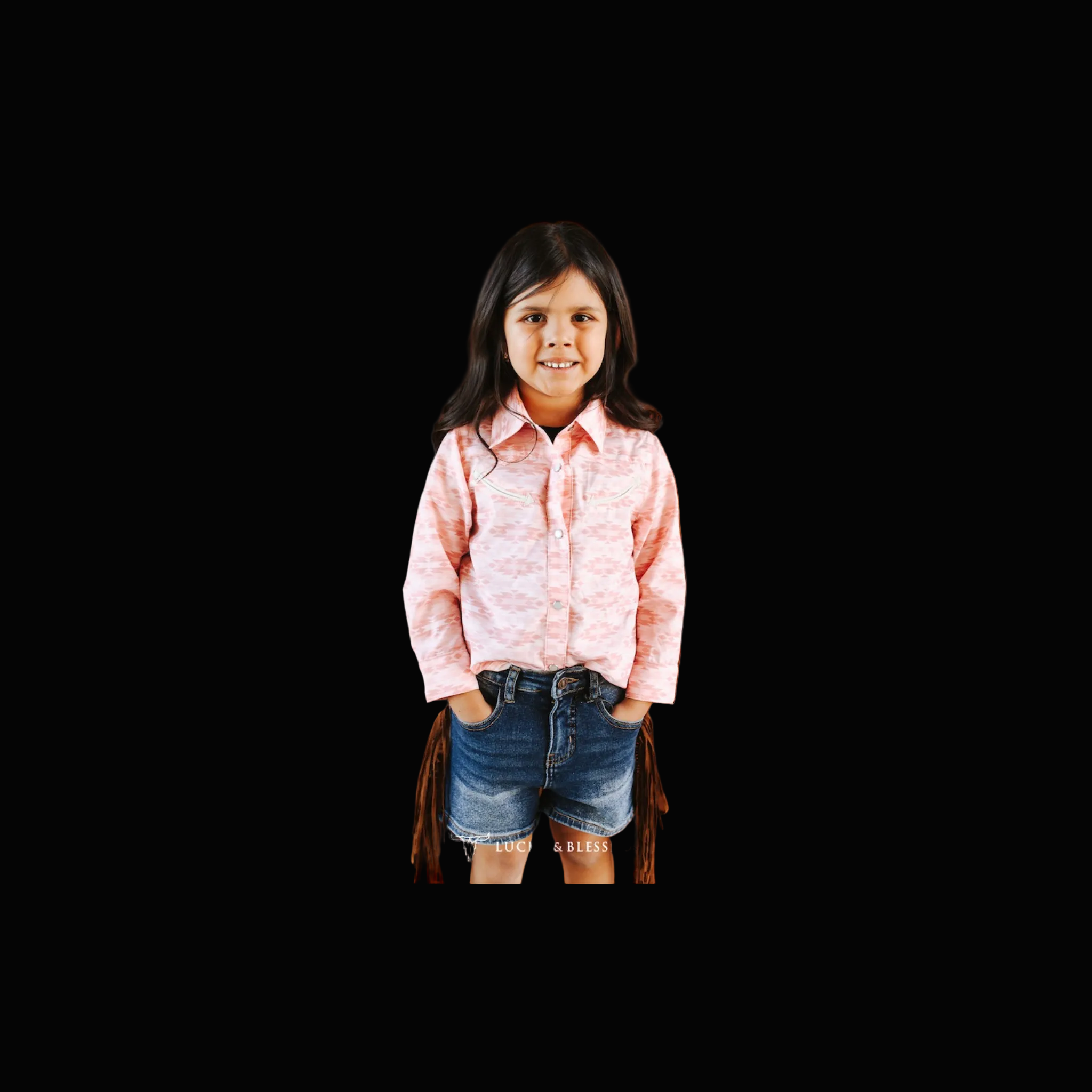 Girls Pink Aztec Printed Pearl Snap Button Down Arrow Embroidery Western Shirt