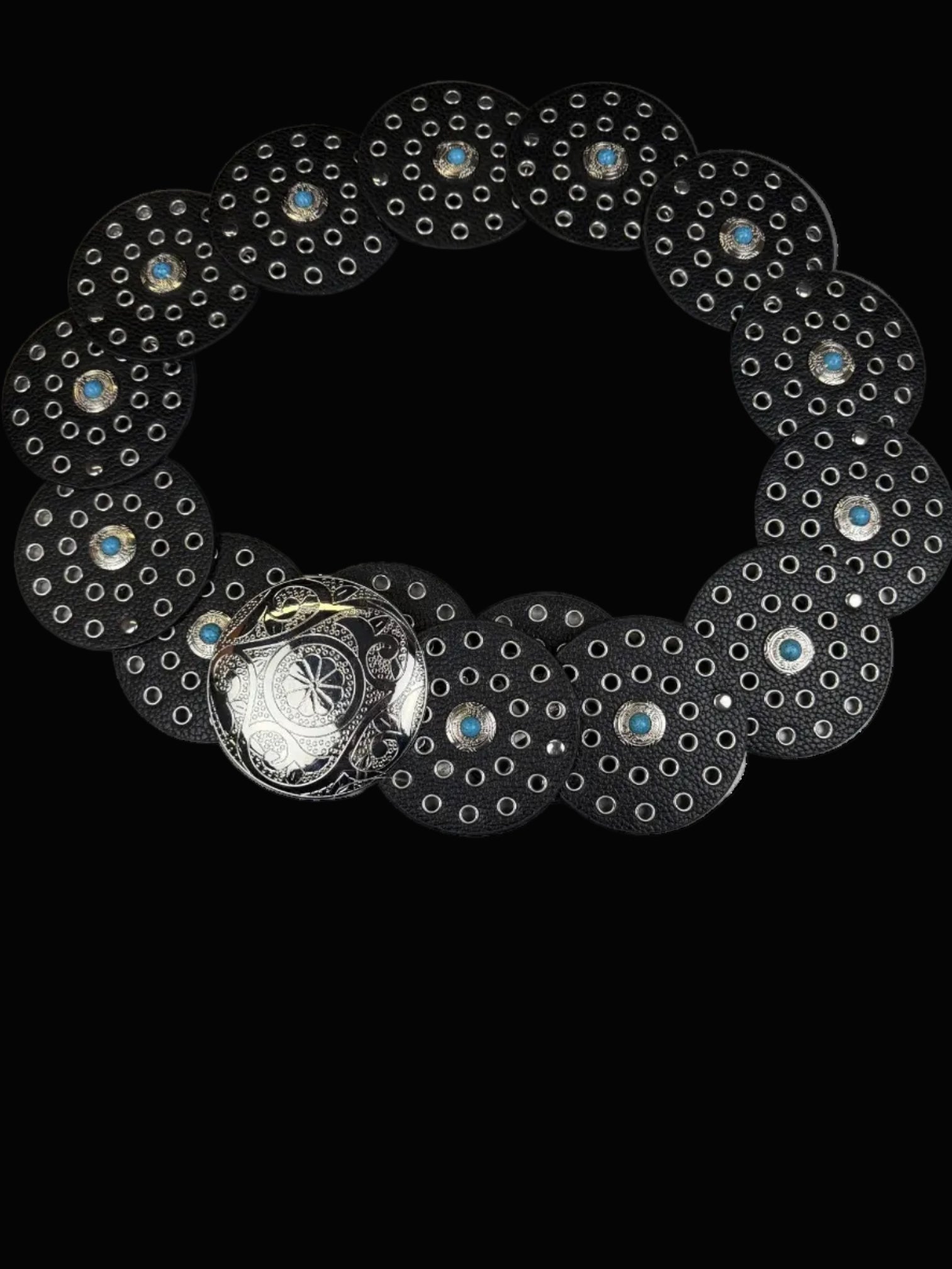 Western Black Leather Concho Disc Belt with Turquoise Accents