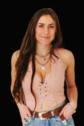 Soft Pink Faux Leather Front Eyelet Halter Top