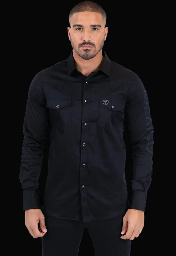 Mens Satin Cotton/Spandex Solid Color Western Shirt with Horns Logo Black